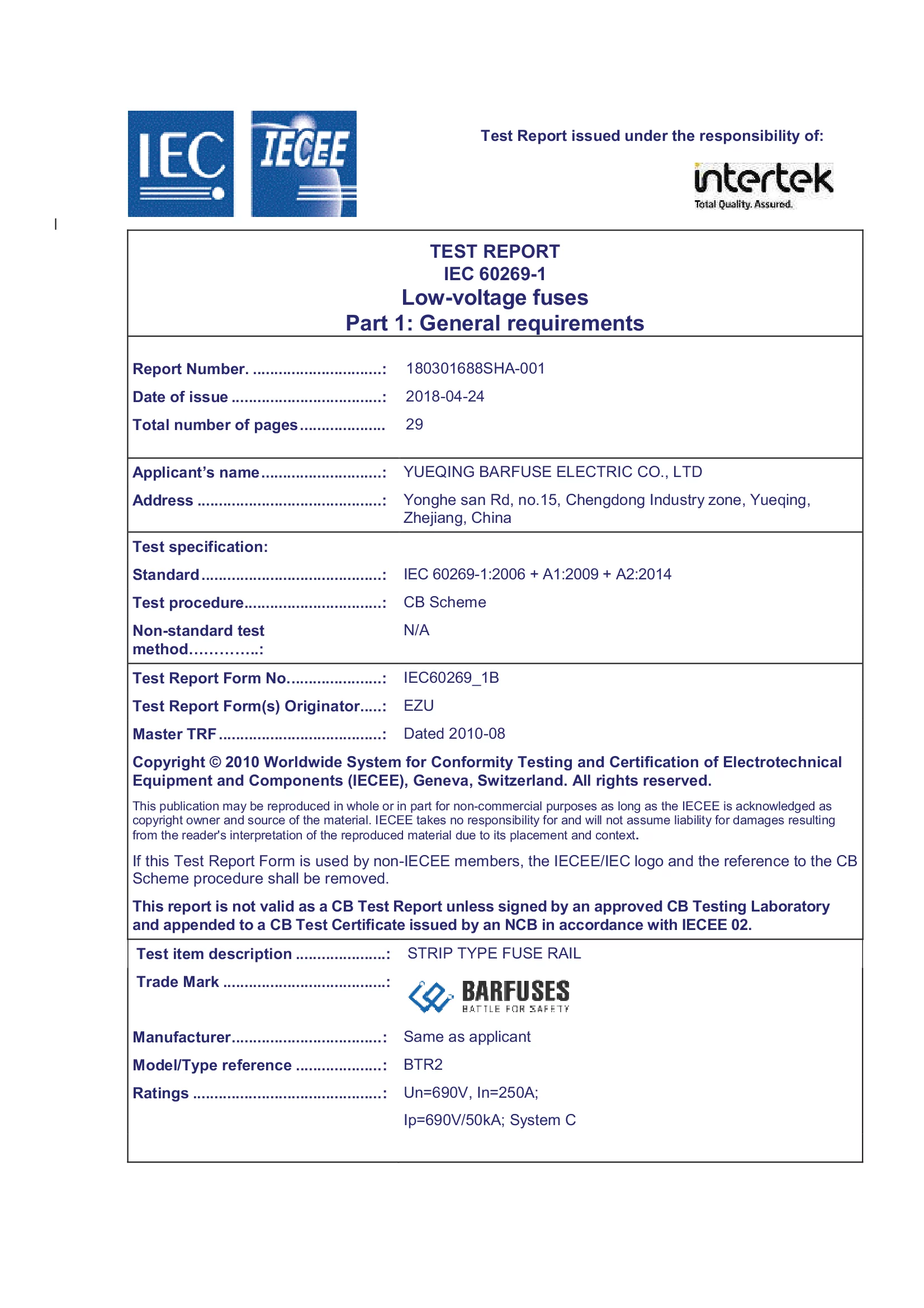 Intertek Certificate