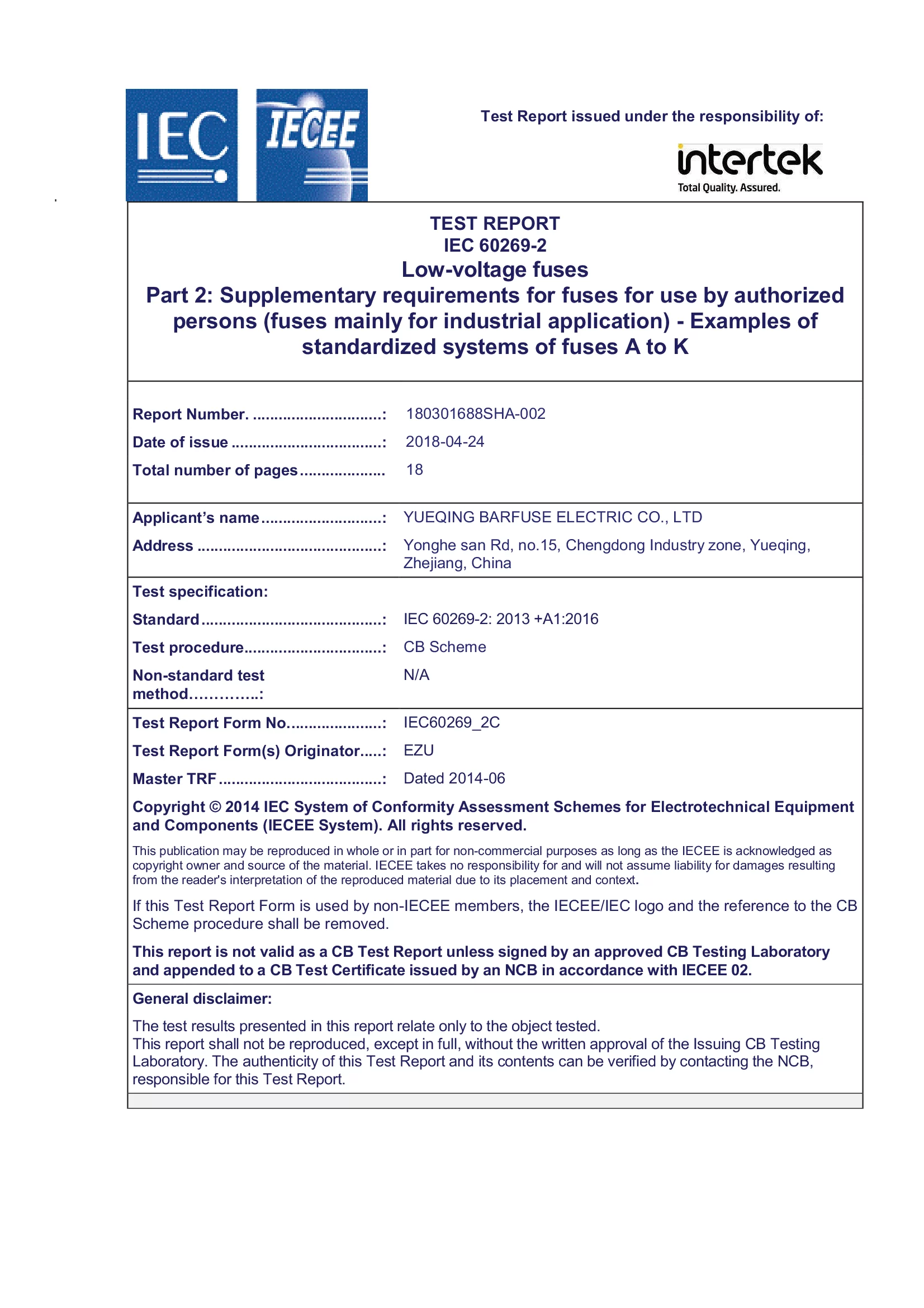 Intertek Certificate