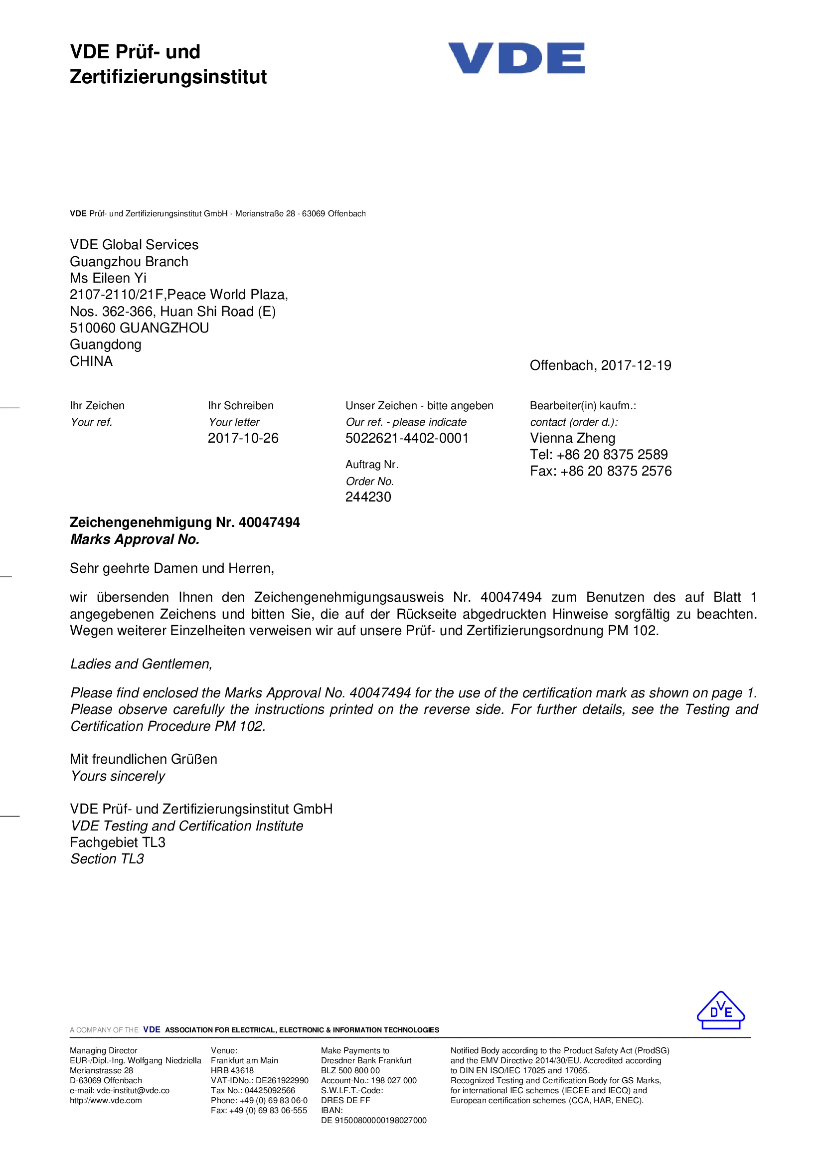 VDE CERTIFICATE