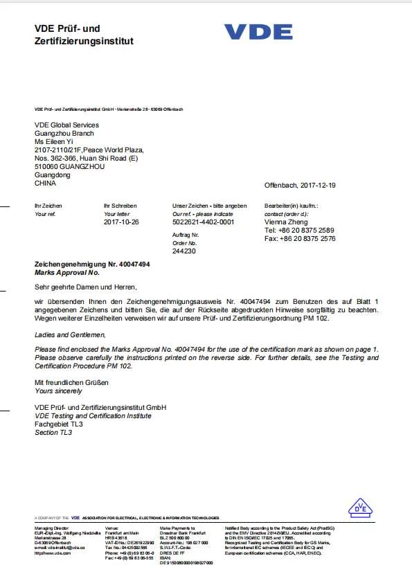 VDE CERTIFICATE